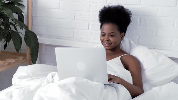 Happy Attractive African American Girl Working Office Work Remotely Black Woman Using Laptop