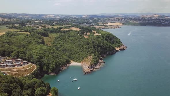 Aerial view of the Tor Bay, coves Fishcombe and Churston and rural lands near Brixham. Devon county,