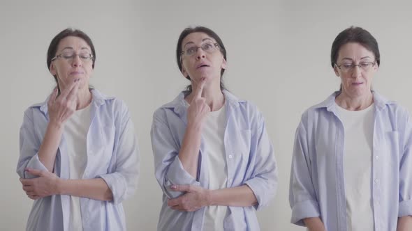 Portrait of Adult Brunette Caucasian Woman in Eyeglasses Thinking. Triple Image of Same Person