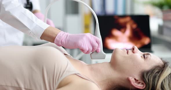 The Doctor Makes an Ultrasound of the Thyroid Gland