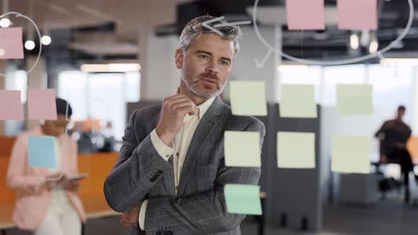 Serious Businessman Manager Examining Information on Sticky Notes and Finding Solution