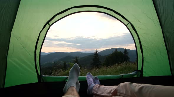 Rest of Tourists in Tents in the Mountains of the Ukrainian Carpathians