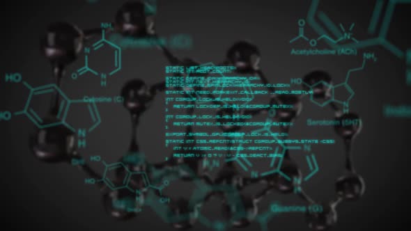 Glowing text and data over molecular structure