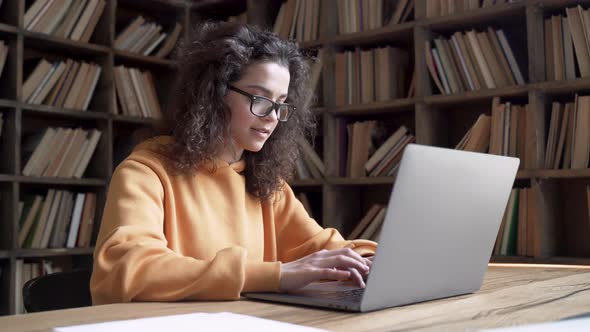 Smiling Hispanic Teen Girl School Student Using Laptop Elearning Online