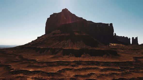 Drone Rising Near Large Desert Sandstone Mountain, Majestic View of Sunny American Canyon Cliffs