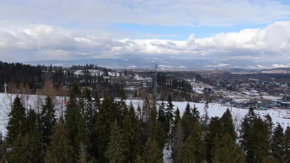 Aerial shot of Kotelnica Bialczanska ski complex in Bialka Tatrzanska, Poland