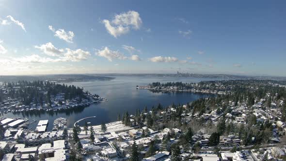 Amazing Winter Sun Aerial Over Lake Washington Snowy Residential Houses