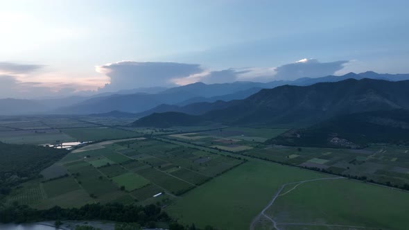 Flying over Alazani river at sunset. Kvareli, Georgia 2022 summer