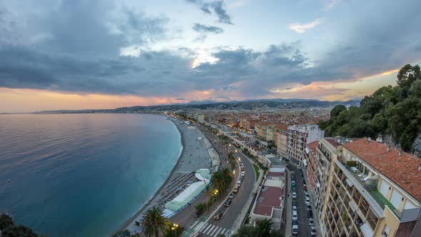 Panorama Over Nice City and Mediterranean Sea Aerial Day to Night Timelapse