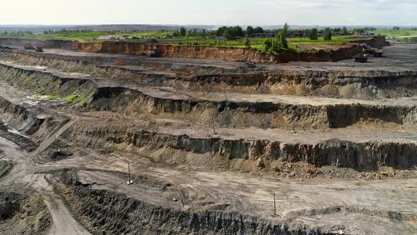 Big Yellow Heavy Truck in Open Cast Mine Mining of Coal the Overall Plan, Open Pit Anthracite Mining