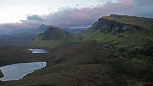 Cinematic Flight Over the Quiraing During Sunrise on the Eastern Face of Meall Na Suiramach