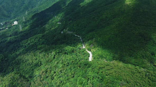 A dynamic aerial shot of the winding roads that are covered by trees of the Tai Mo Shan mountains in