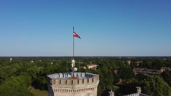 Vecauce Manor in Latvia Aerial View of the Pink Castle Through the Park. Vecauce Castle Tower With a