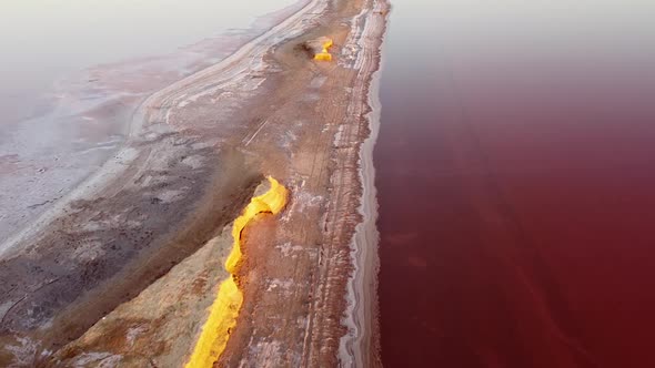 Pink lake and salt shore, high salt content and healing properties of the lake