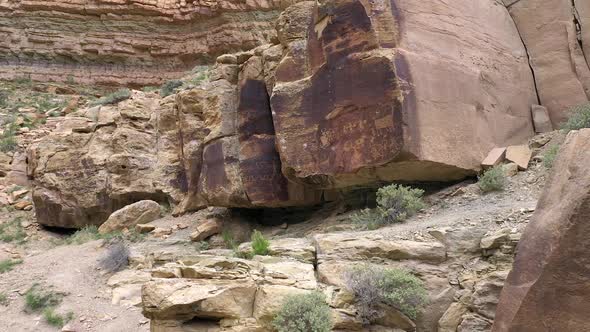 Flying in towards petroglyphs on rock in Nine Mile Canyon