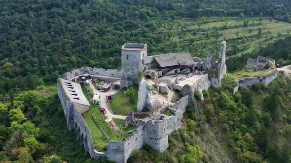 Aerial view of Cachtice Castle in the village of Cachtice in Slovakia