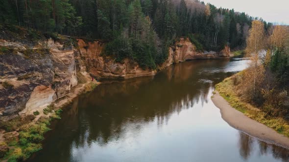 Erglu Cliffs and Great View on the Gauja River Cesis, Latvia. Autumn Landscape Red Rocks Stone Cliff