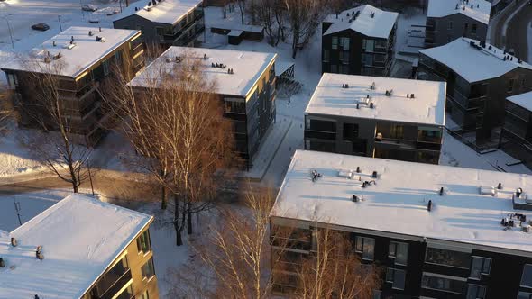 Drone shot of Tähe pargi kodud or so-called Tähe Residentsid during sunrise in winter