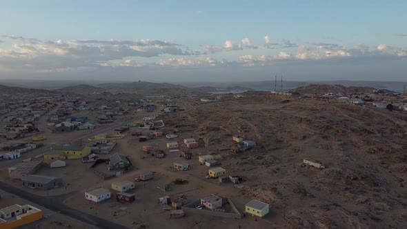 Drone view on the amazing Luderitz city in Namibia, lots of small houses