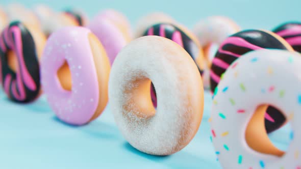 Pastel, colorful glazed donuts. Seamless looping animation. Sweet dessert.