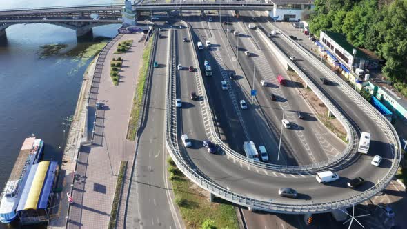 Drone Flight Over U-shaped Road Junction on Motorway in Kiev