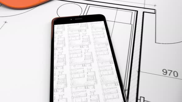 House blueprint plan in mobile application and at the paper as drawing sketch 4k