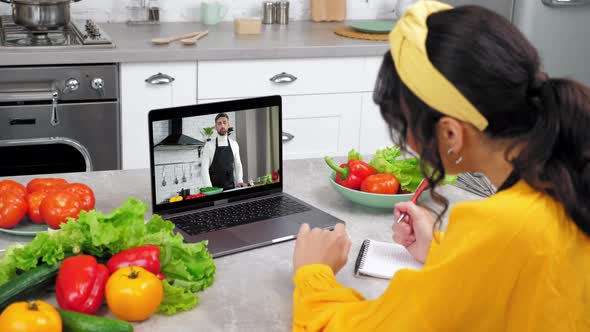 Woman in Home Kitchen Study Online Video Call Webcam Laptop Listen Chef Teacher