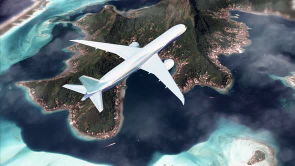 Airplane Flies Above Tropical Island
