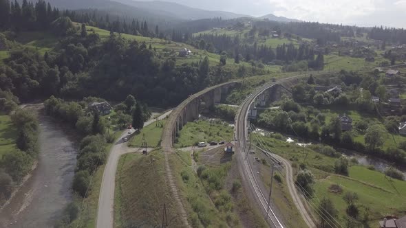 Aerial Old Viaduct Railway Crossing in Vorokhta Ukraine Carpathians