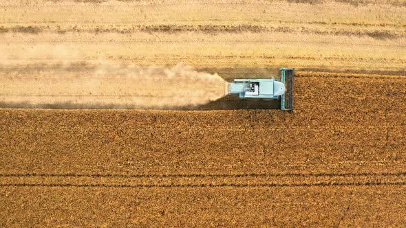 Top view of harvester working on field, aerial view