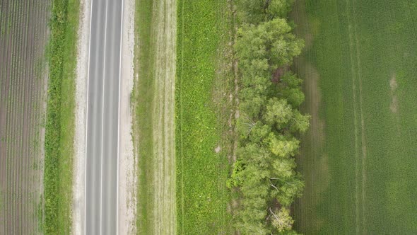 Top view, aerial photos and road cars moving along the highway. Road and field top view.