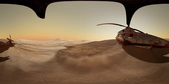 VR360 Old Rusted Military Helicopter in the Desert at Sunset