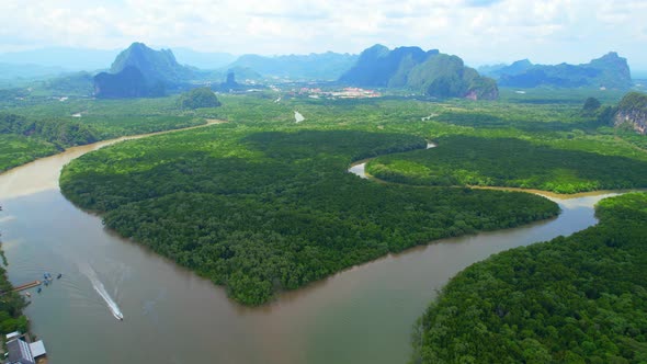 An aerial view over a large mangrove forest at Phang Nga Bay.