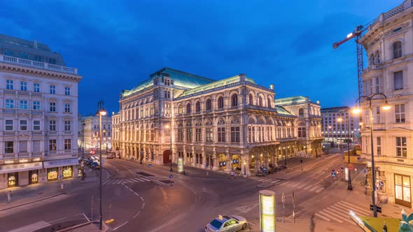 Beautiful View of Wiener Staatsoper Aerial Day to Night Timelapse in Vienna Austria