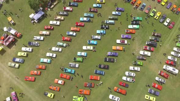 aerial classic car show above angled 4k showing great colours