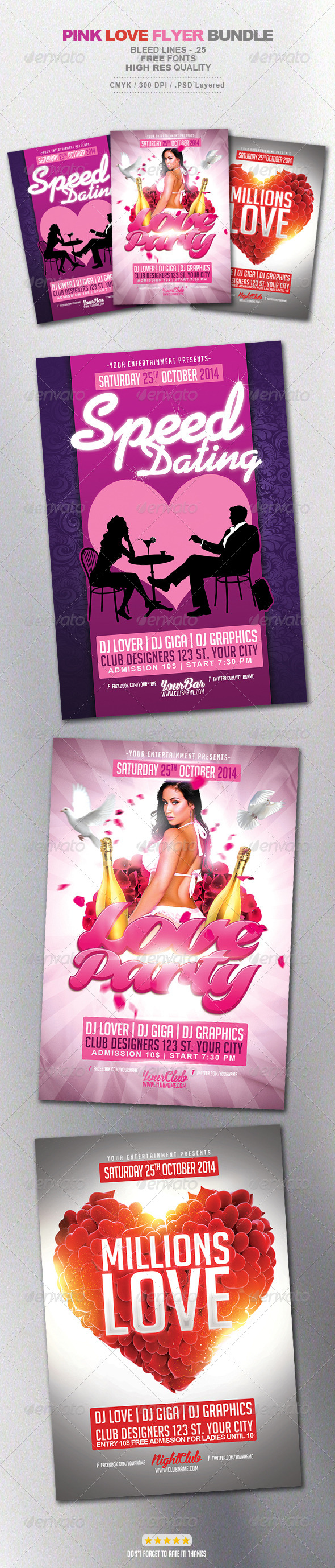 Pink Love Hearts Valentines Flyer Bundle PSD Template