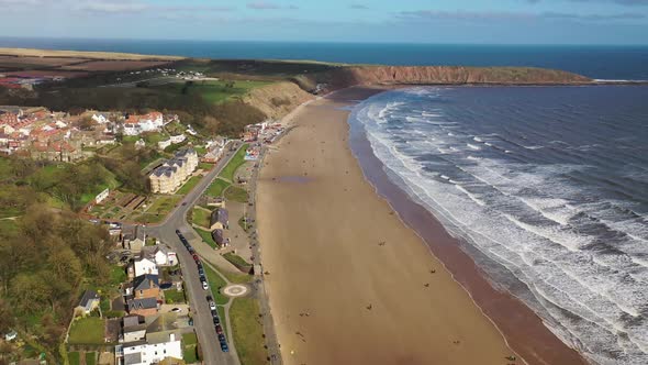 Aerial footage of the British seaside town of Filey, the seaside coastal town is located in the UK