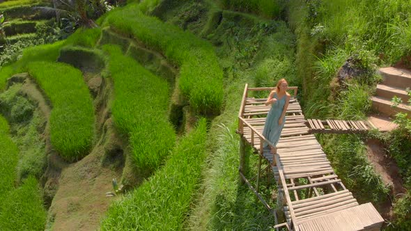 Aerial Shot of a Beautiful Young Woman in a Blue Dress That Visits Famous Tegalalang Rice Terraces