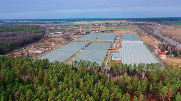 Modern glass greenhouses and industrial buildings