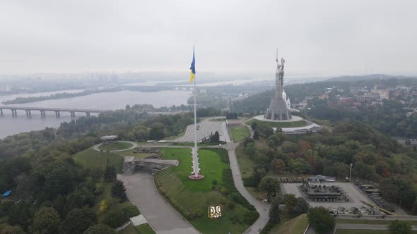 Aerial View of the Flag of Ukraine in Kyiv. Slow Motion. Kiev