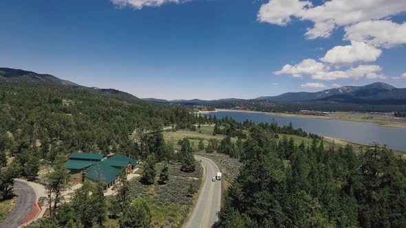 Drone shoots Big Bear Lake and Big Bear Solar observatory, California, USA