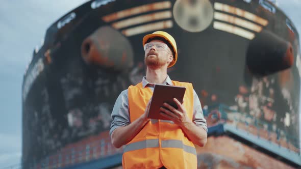 Man shipbuilder in uniform typing at tablet