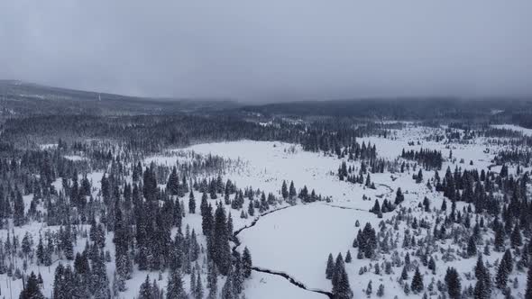 Aerial view of the winter Jizera Mountains in the Czech Republic. 