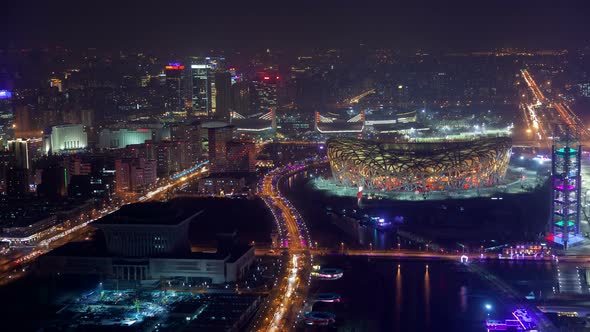 Chinese National Stadium in Beijing Olympic Park Timelapse