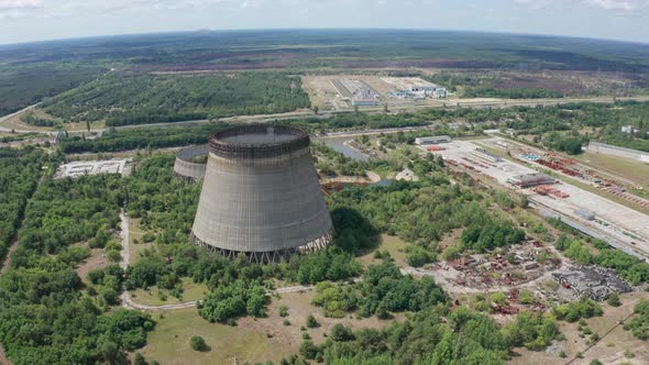 Aerial View of Giant Cooling Towers Near Chernobyl