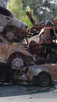 Vertical Video of Destroyed Cars in the City of Irpin Ukraine