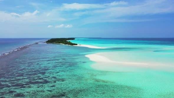 Aerial scenery of luxury bay beach journey by turquoise ocean and bright sandy background of a daytr