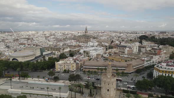 Aerial from Torre del Oro (military watchtower) towards Seville Cathedral, stunning cityscape.