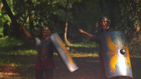 Roman soldiers ready for war, ultra slow motion