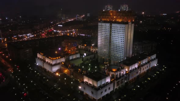 Russian Academy of Sciences in Moscow, night aerial view